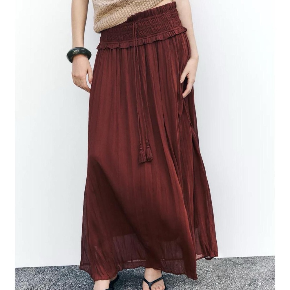 NWT Zara Smocked Waist Tassel Ruffle Maxi Skirt in Burgundy Rust - L